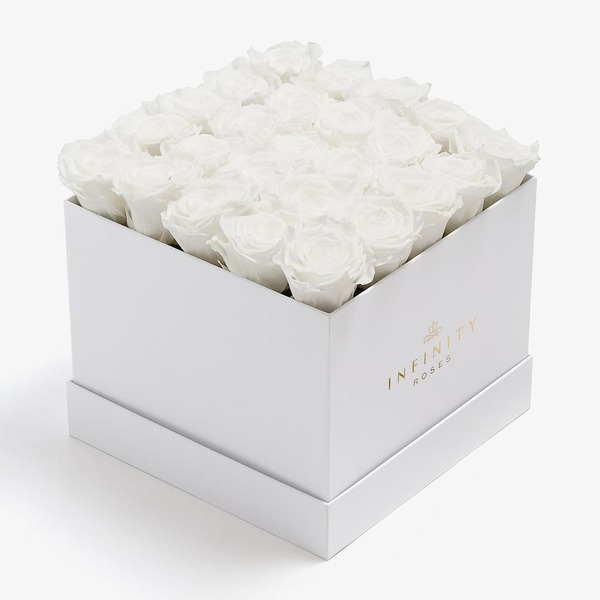 25 white roses in white box