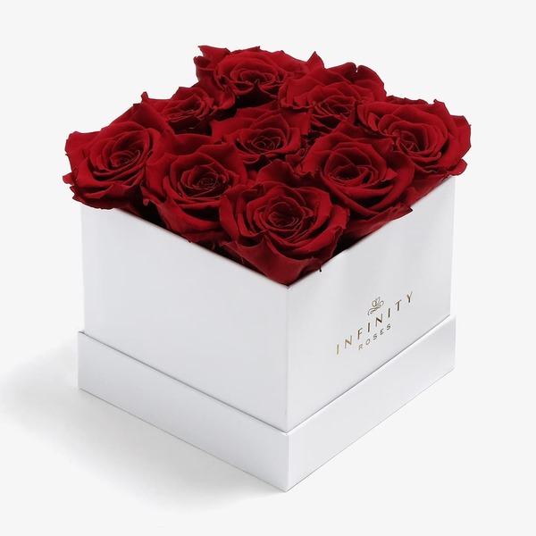 9 red roses in a white box