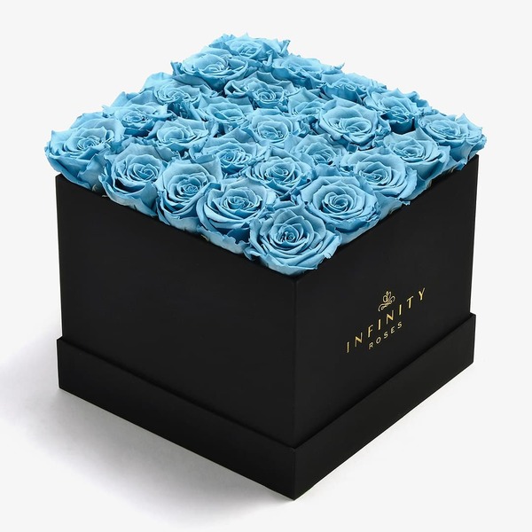 25 Preserved Baby Blue Roses in Black Box Infinity Roses