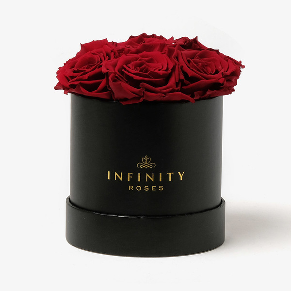 7 Red Preserved Roses in a Round Black Box Infinity Roses