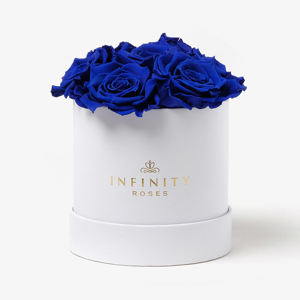 7 Royal Blue Preserved Roses in a Round White Box Infinity Roses
