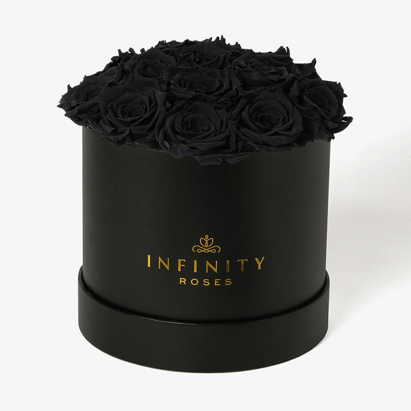 16 Black Preserved Roses in a Round Black Box Infinity Roses