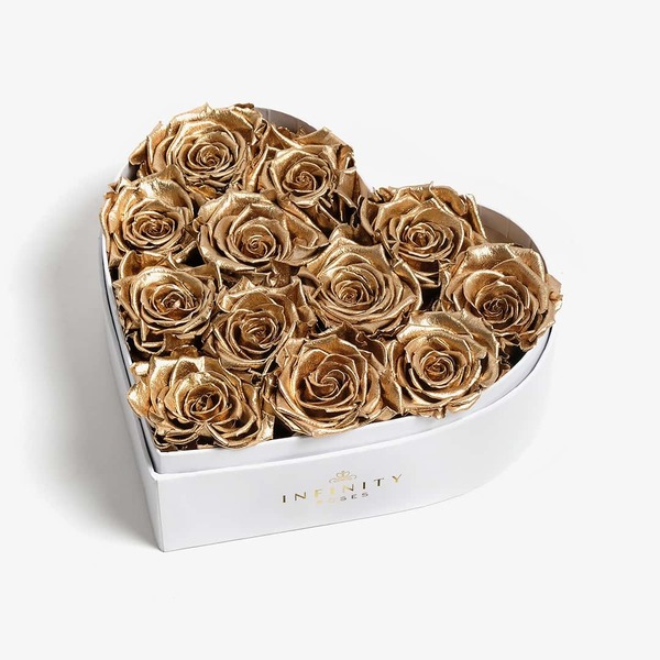 A Dozen Preserved Gold Roses in Heart Box Infinity Roses